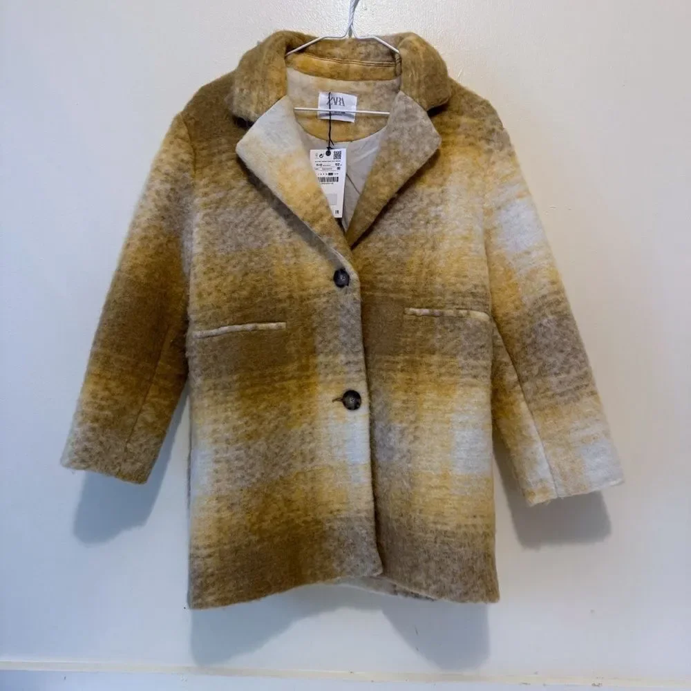 Zara Youth Girls  11-12  Wool Blend Plaid Coat Lapel Collar Peacoat Jacket